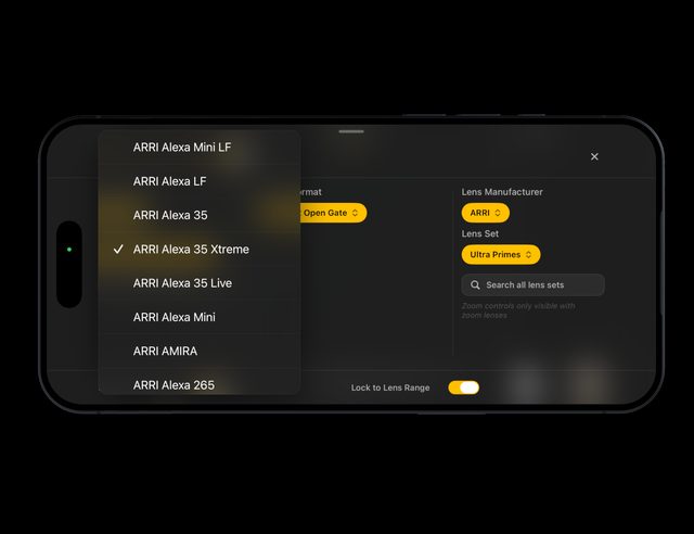 iPhone render showing the camera and lens picker